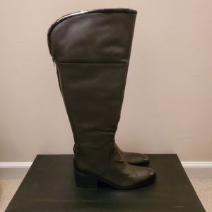 H by Halston Leather Over the Knee Faux Fur Boot-Donna Black 12M